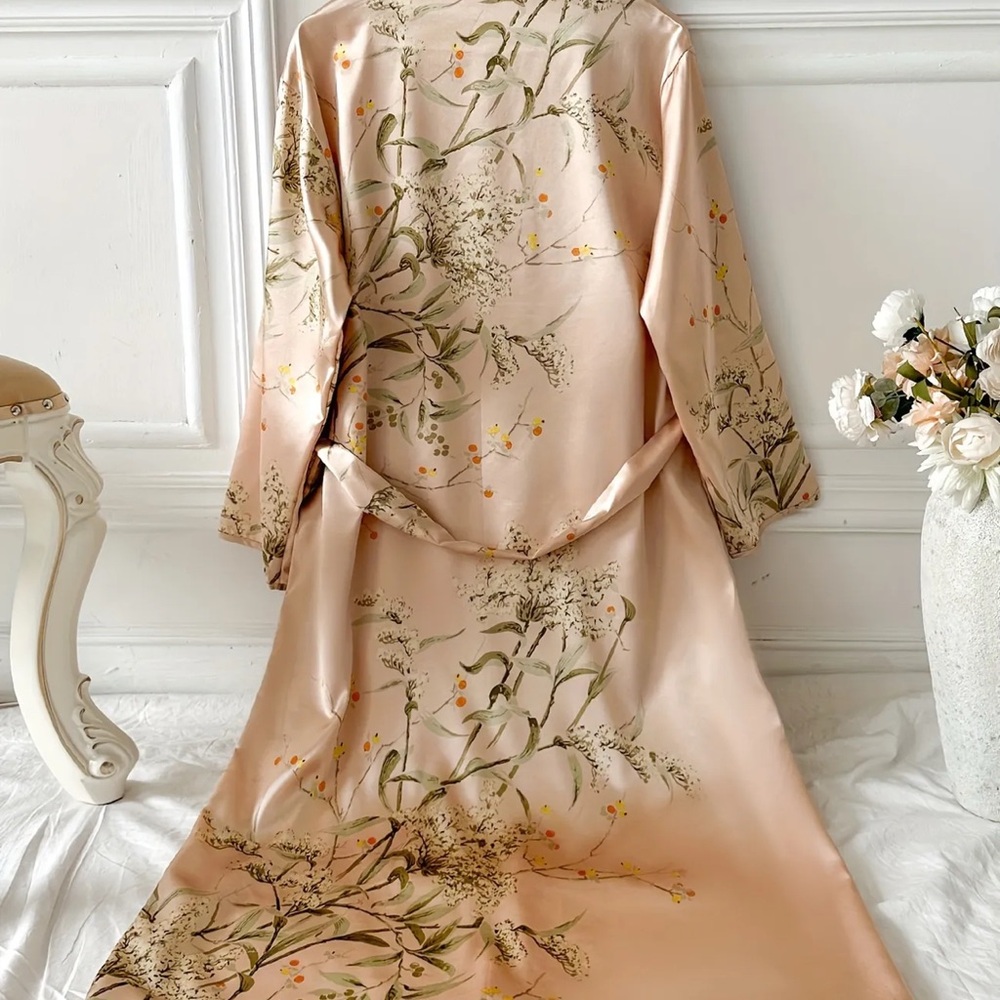 Cream Floral Embroidered Satin Robe - Picture 2 of 3